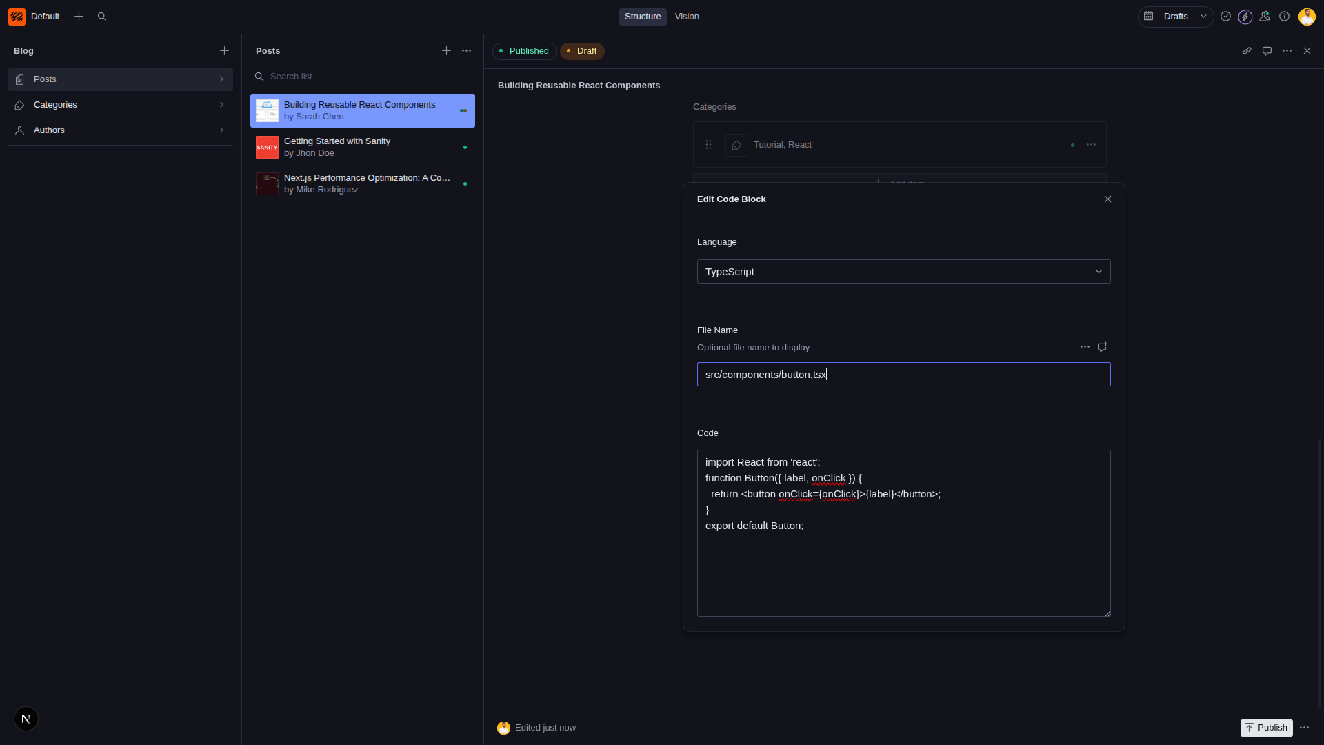 Create code block in blog body preview