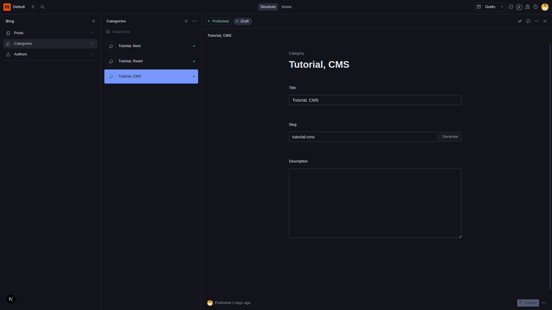 Creating categories preview